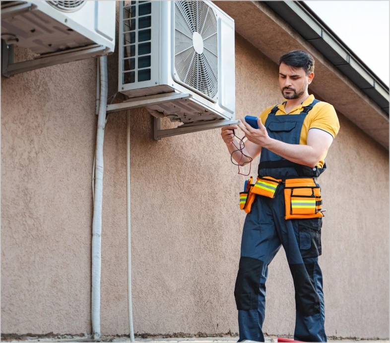 Technician with tools assessing air conditioner